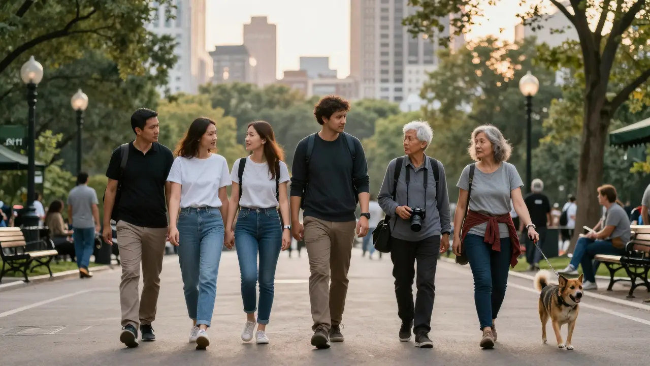 Diverse individuals paired with companions during a peaceful walk in an urban park.