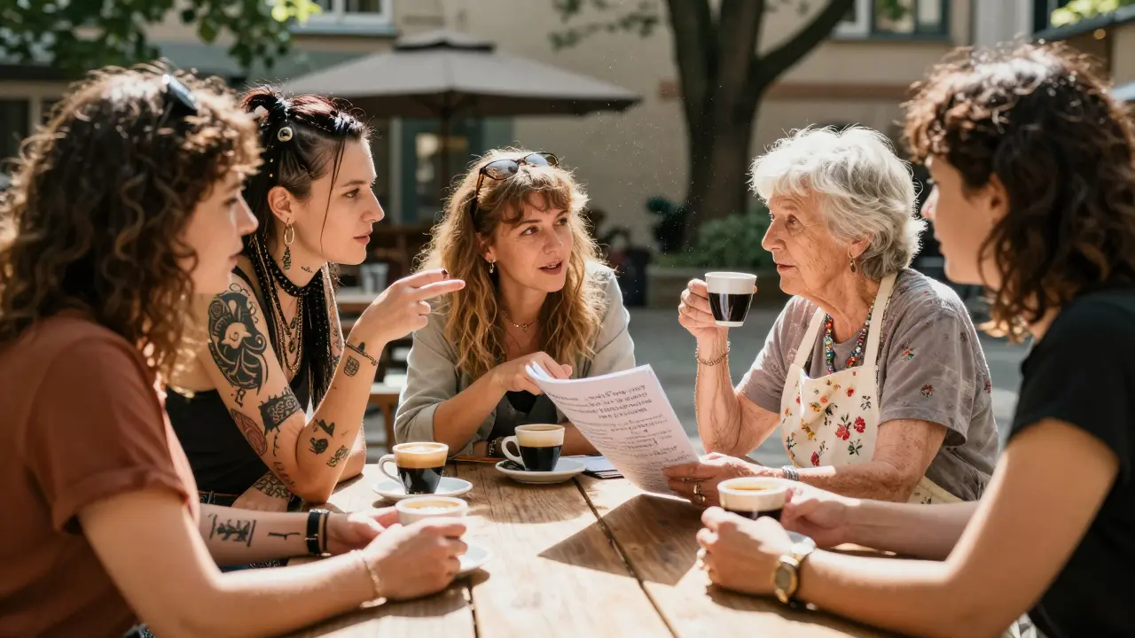 Diverse women in a Berlin courtyard laughing over espresso, one holding a handmade zine, sunlight streaming in.