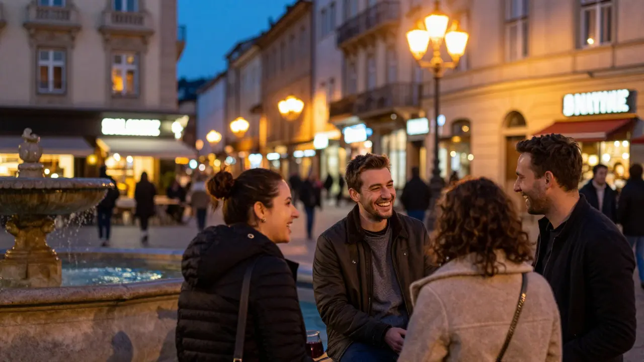 Friends laughing and drinking at a European city plaza at night.