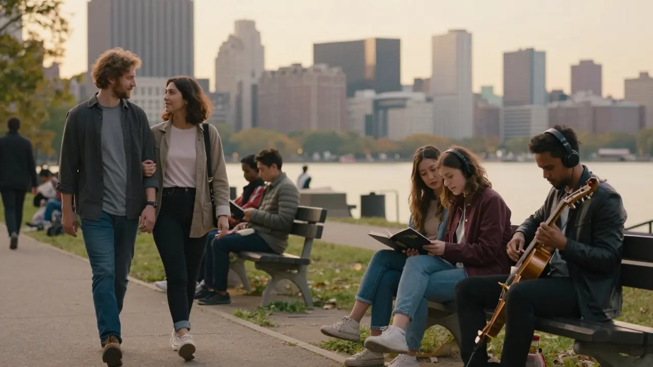People enjoying peaceful, non-romantic companionship in a park—walking, reading, and listening to music together at golden hour.