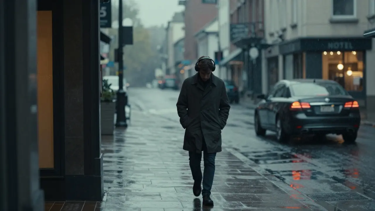 Someone walking away from a hotel in the early morning rain, car driving off, no one else in sight.
