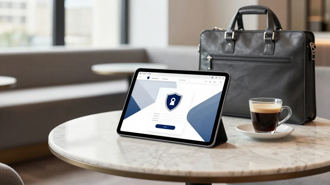 Tablet showing secure booking interface on hotel lounge table