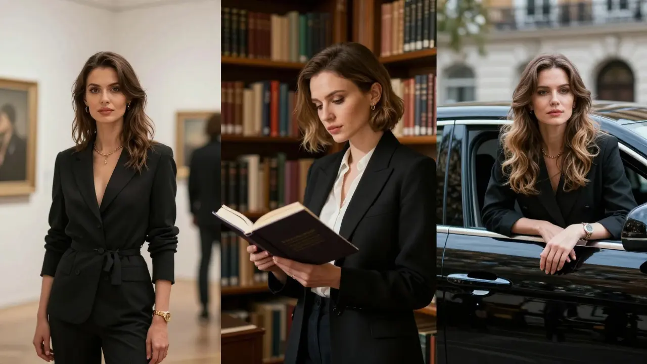 Three elegant women from Eastern Europe are shown in moments of intellectual and cultural engagement across London.