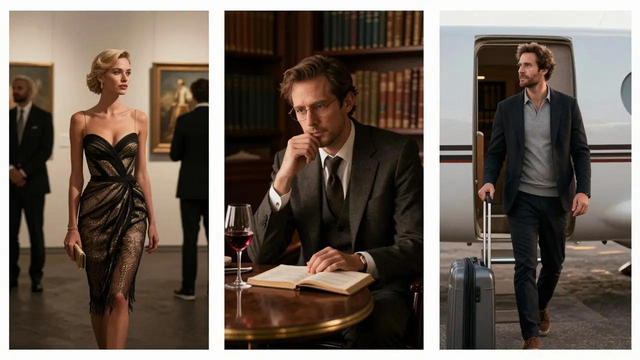 Three luxury companions in distinct settings: socialite at an art event, intellectual in a library, and travel companion at a private jet.