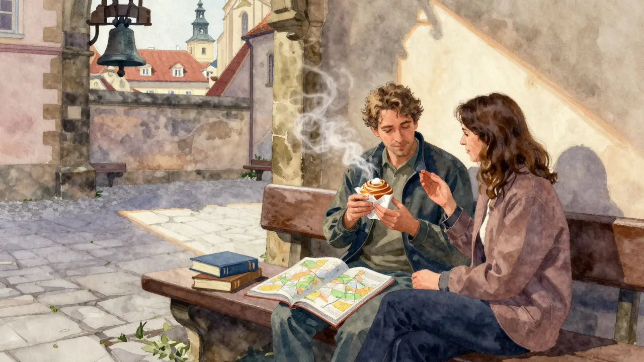 Two figures sitting quietly in a historic courtyard, sharing a pastry as evening light falls softly around them.