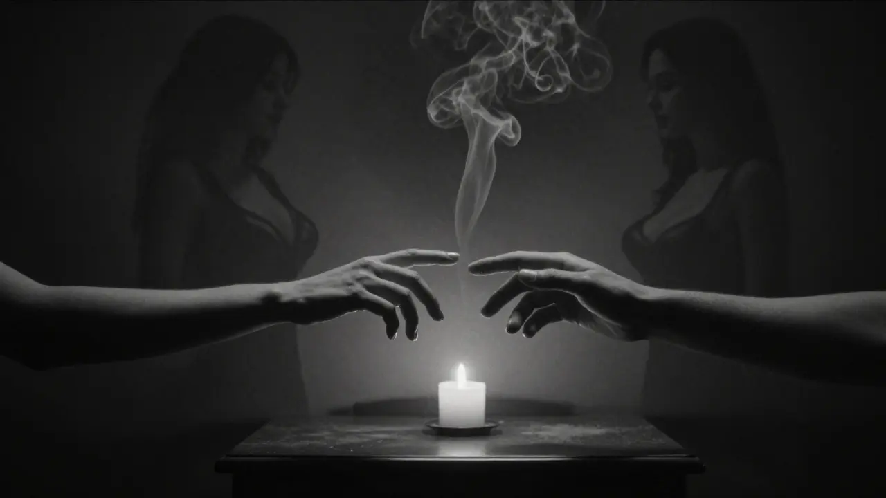 Two hands reaching to touch in darkness, while media stereotypes dissolve into smoke beside a flickering candle.