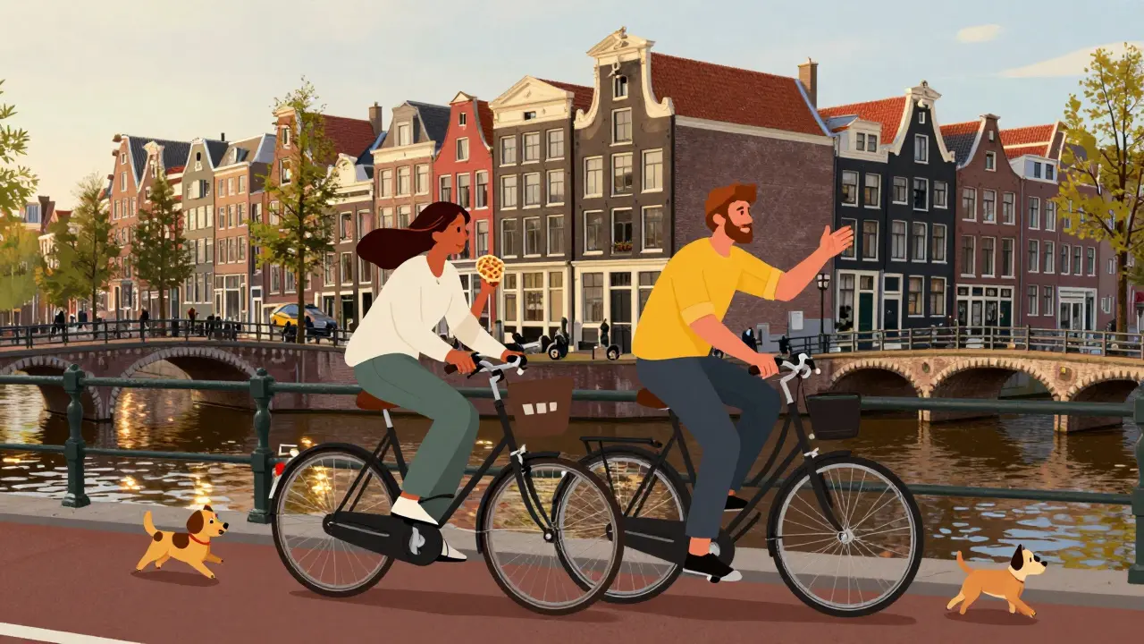Two people biking along a canal in Amsterdam, one holding a sweet treat, golden light reflecting on the water.