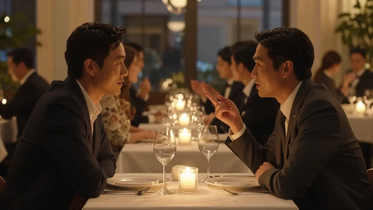 Two people conversing at elegant dinner table