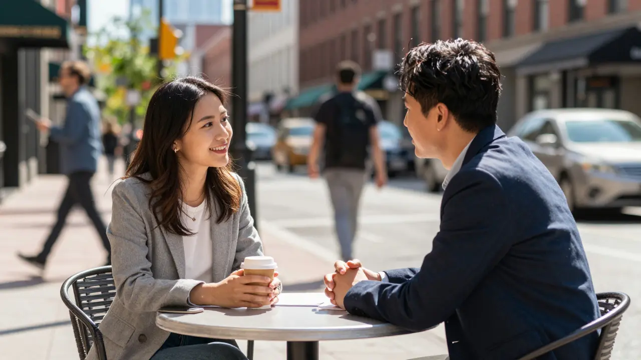Two people meeting safely at a sunny outdoor café table