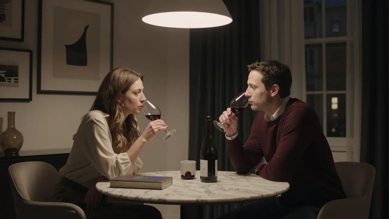 Two people share a quiet evening of conversation over wine in a refined penthouse setting, no technology in sight.