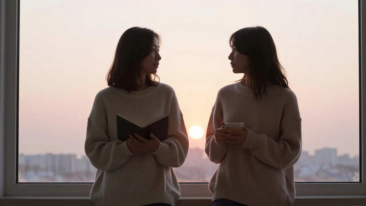 Two women of different ages silhouetted together at sunrise, sharing a peaceful moment.